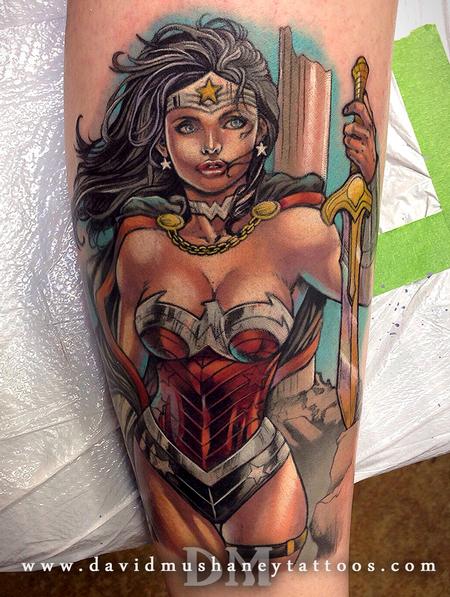 Color Wonder Woman Calf Tattoo Design Thumbnail